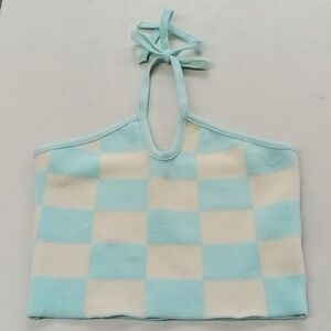 Debut Teal/Canary color checker board halter crop top size S